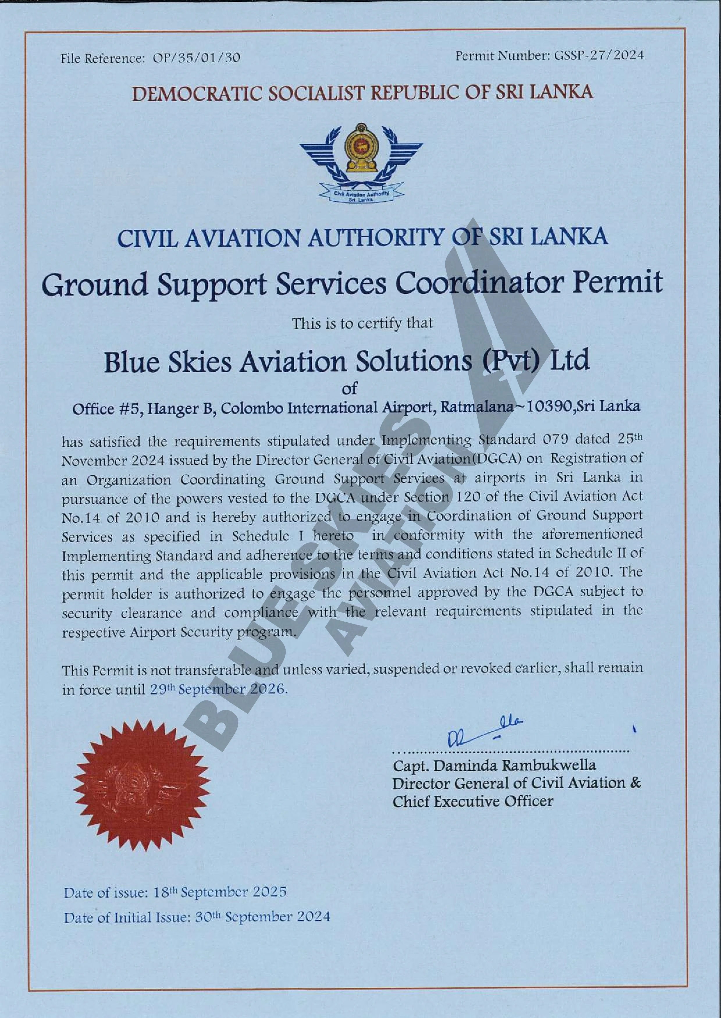 Ground Handling Approval Certificate